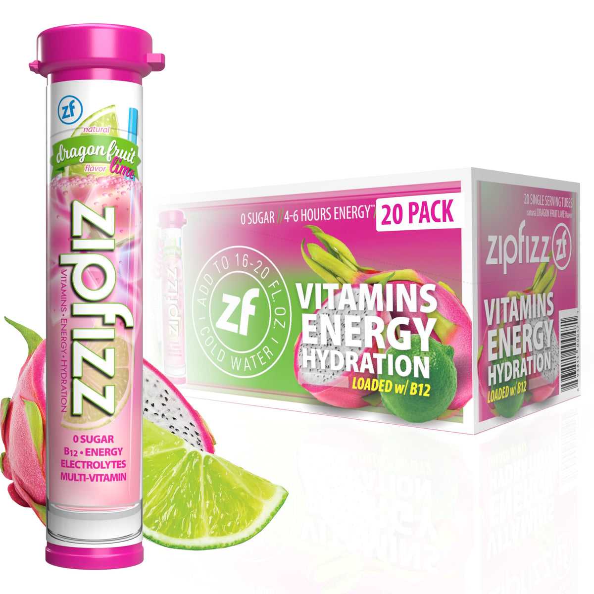 Zipfizz Dragon Fruit Lime Daily Energy Powder (20 Pack) – 3-in-1 Energy, Hydration & Vitamins | Sugar-Free