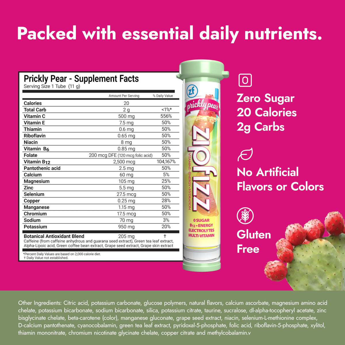 Zipfizz Daily Energy Powder – Prickly Pear, Sugar-Free, 3-in-1 Energy, Hydration & Vitamins (20 Pack)