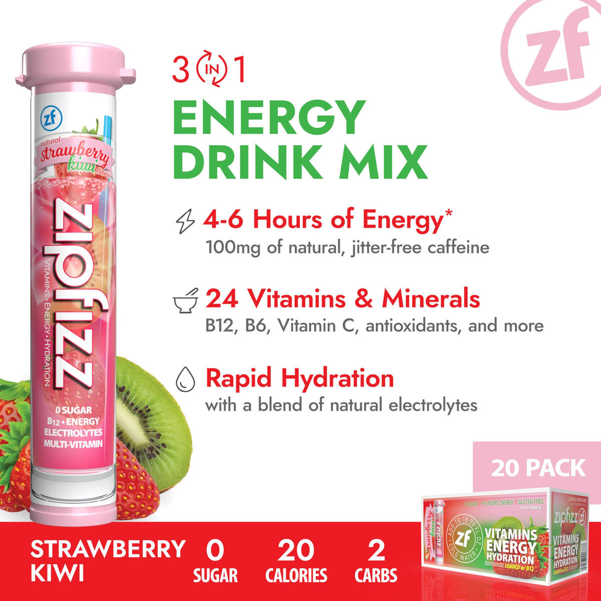 Zipfizz Daily Energy Drink Powder – Strawberry Kiwi, 20 Pack | 3-in-1 Energy & Hydration Sugar-Free