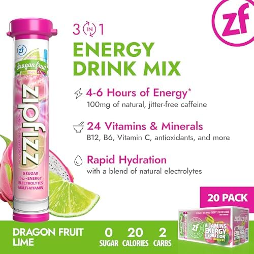 Zipfizz Dragon Fruit Lime Daily Energy Powder (20 Pack) – 3-in-1 Energy, Hydration & Vitamins | Sugar-Free