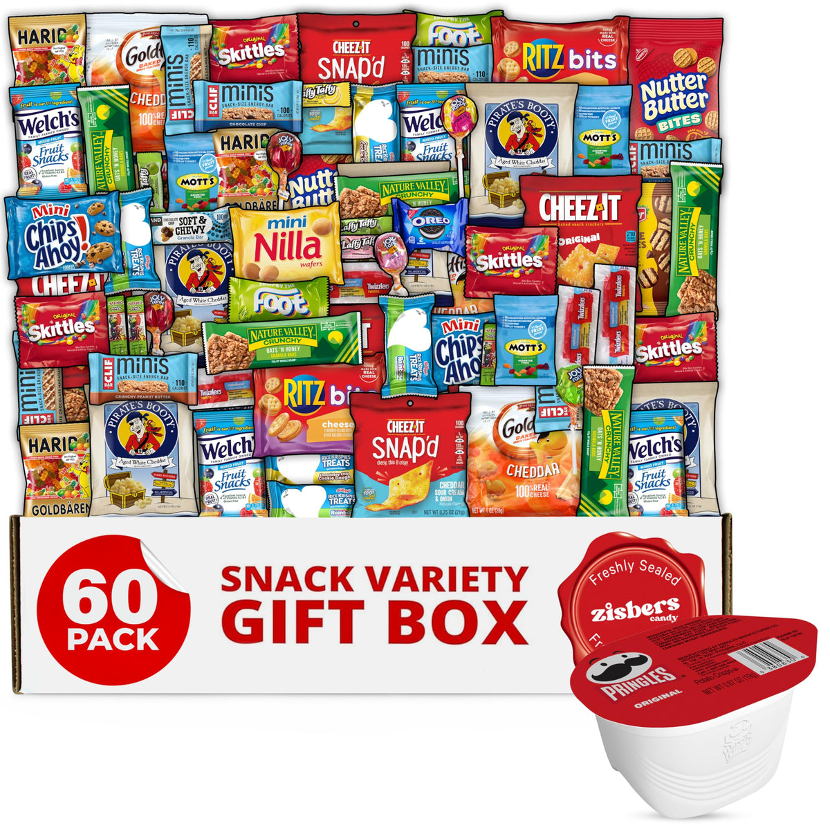 Zisbers Snack Box Care Package Gift Box – 60 Count of Variety Snacks for College, Office & Home
