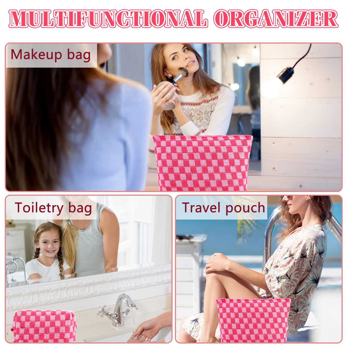 ZLFSRQ 3Pcs Makeup Bag Checkered Cosmetic Bag Set Travel Toiletry Bags for Purse Large Small Makeup Pouch for Women Cute Preppy Pencil Pouch Case Pink Zipper Skincare Bags