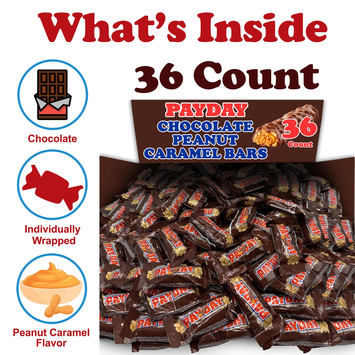 ZompoZ Payday Chocolate Peanut Caramel Bars Bulk – 36 Count, Individually Wrapped