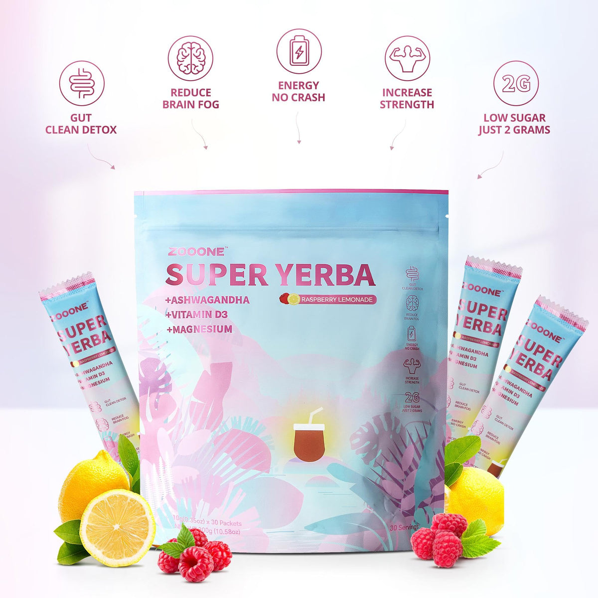 ZOOONE Super Yerba Mate Instant Powder – Raspberry Lemonade, 30 Packets | Energy, Focus & Gut Support