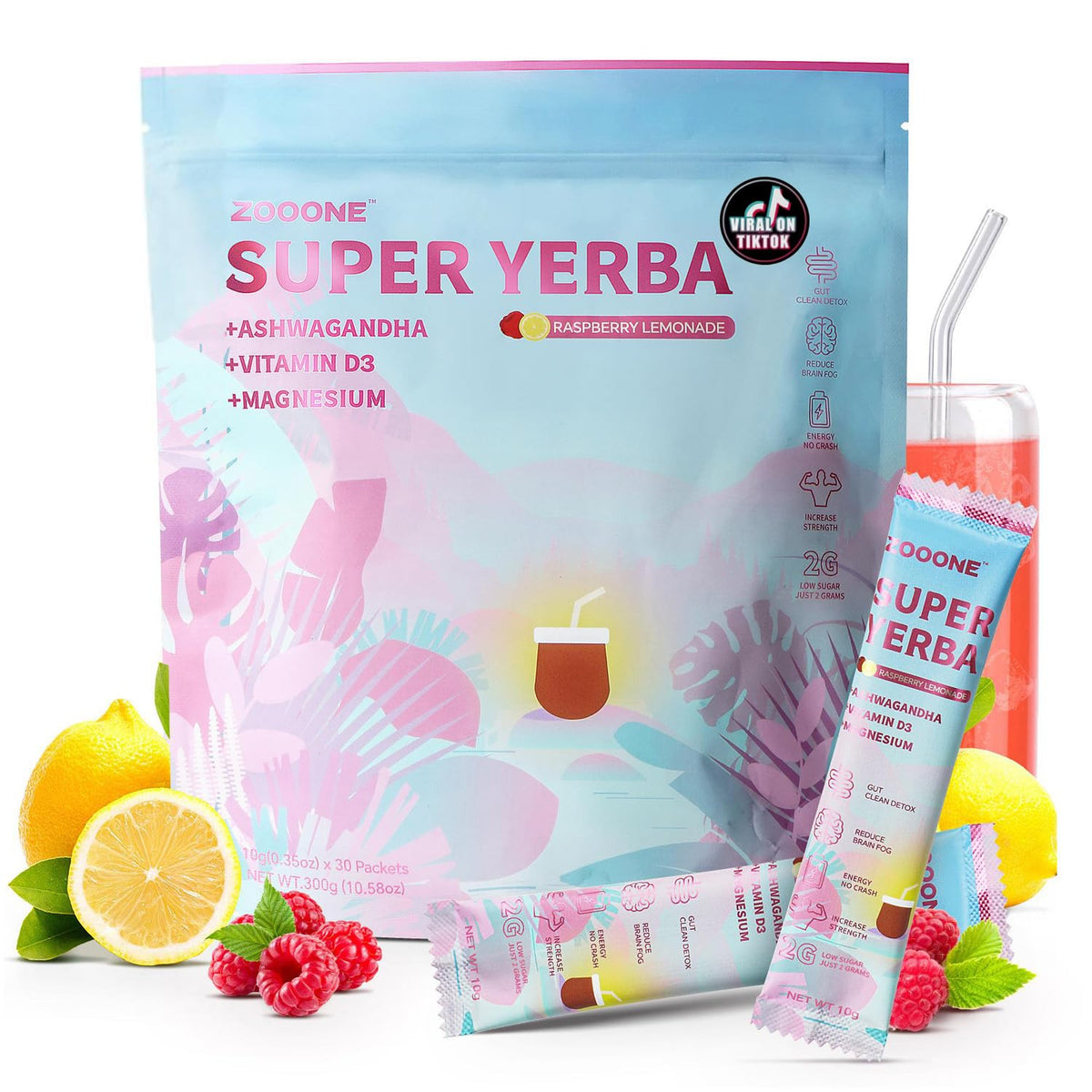 ZOOONE Super Yerba Mate Instant Powder – Raspberry Lemonade, 30 Packets | Energy, Focus & Gut Support