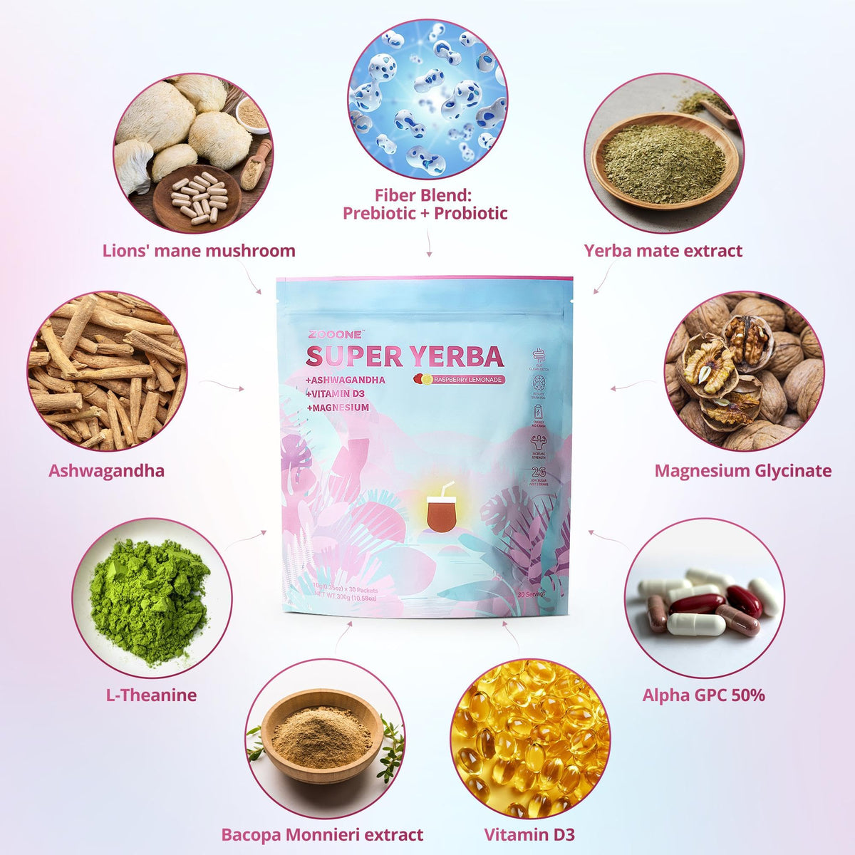 ZOOONE Super Yerba Mate Instant Powder – Raspberry Lemonade, 30 Packets | Energy, Focus & Gut Support