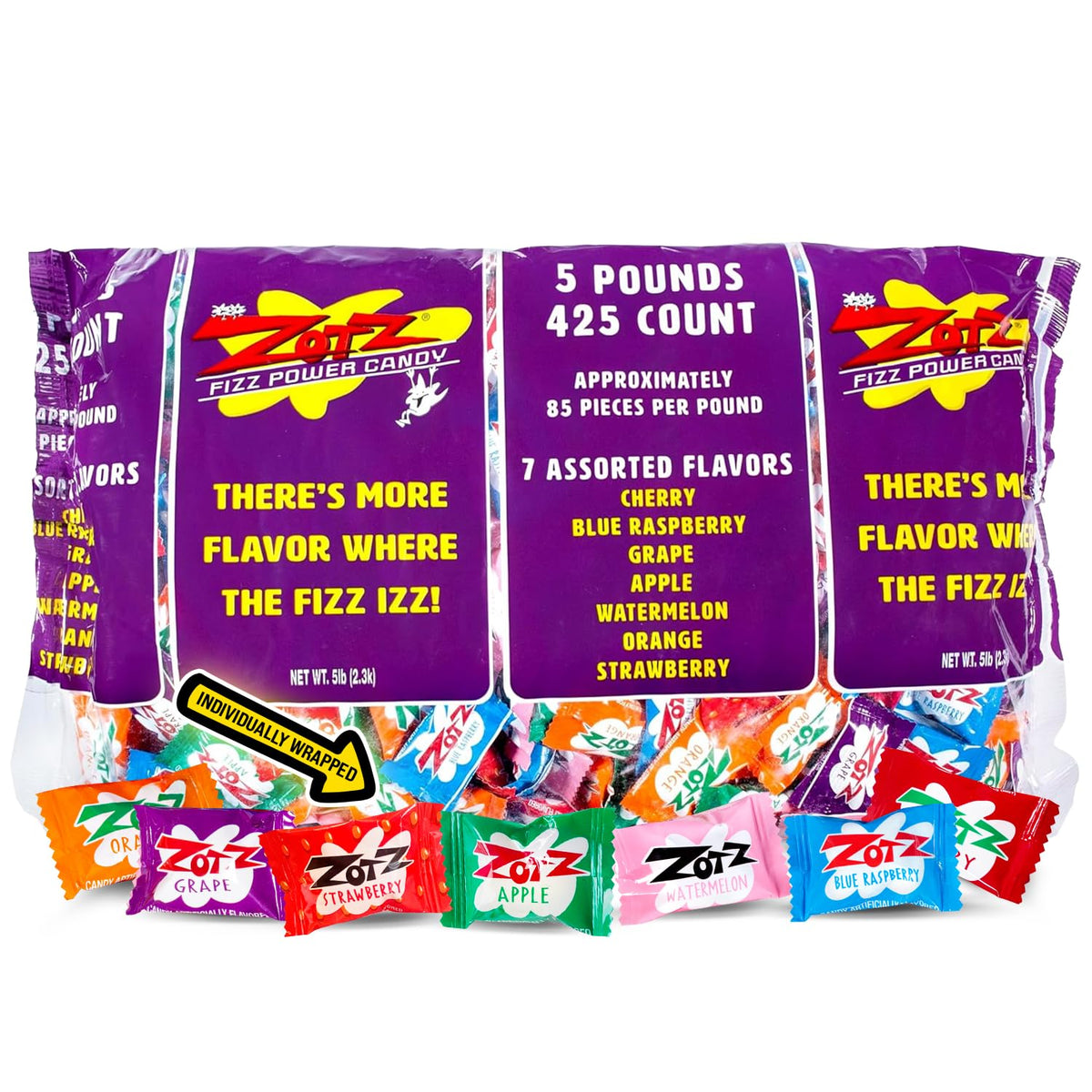 ZOTZ Fizzy Sour Candy Bulk – 425 Pieces, 7 Assorted Flavors, Individually Wrapped